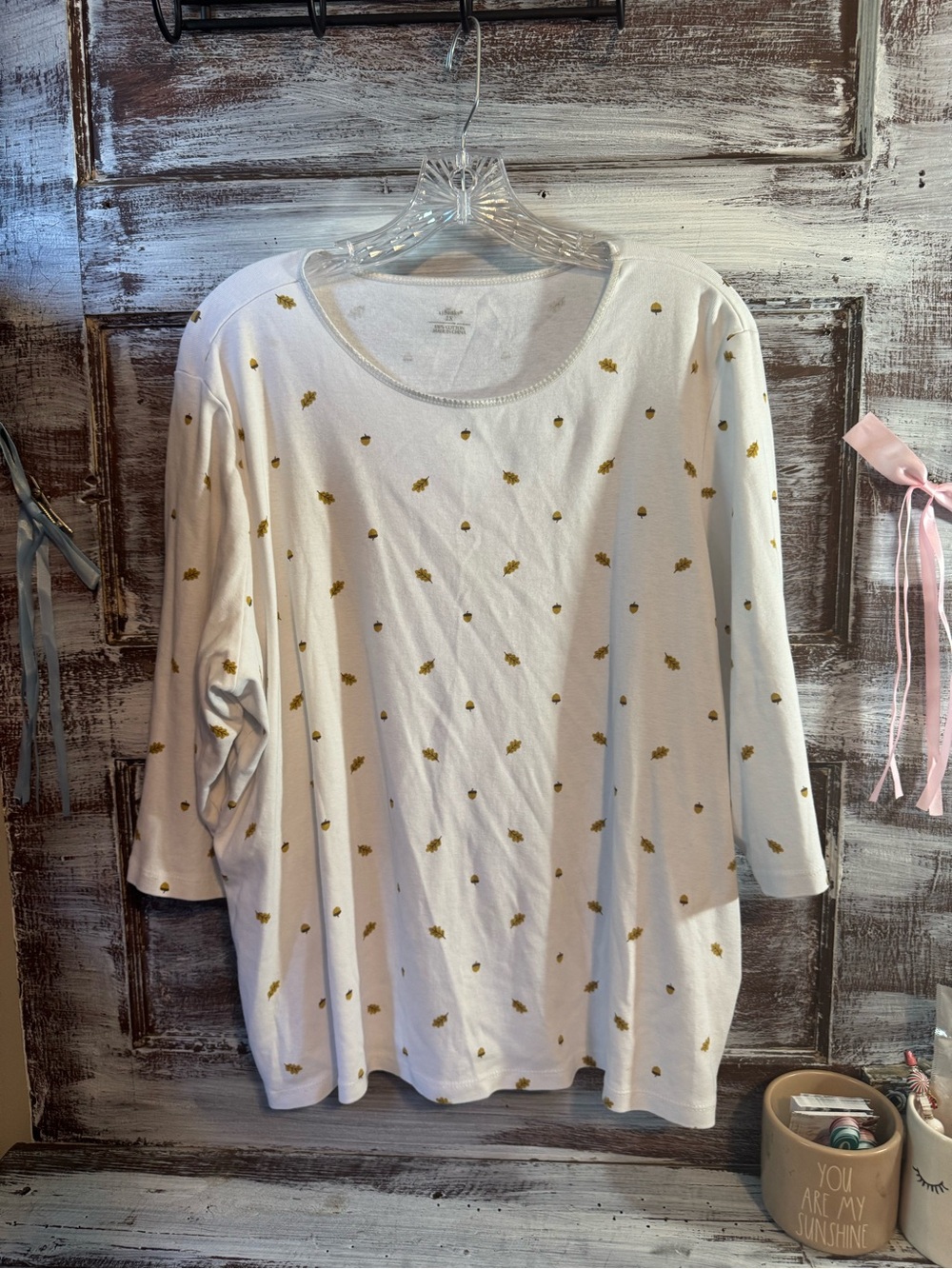 CJ Banks White Scoop Neck Long Sleeve Tee with Leaf & Acorn Accents